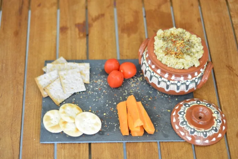 Maltese bean dip with crackers, galletti and carrot stick dippers