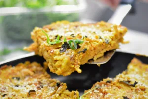A slice of vegan spaghetti omelette