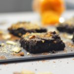 Closeup of a super chocolatey vegan brownie which i also healthy and gluten free